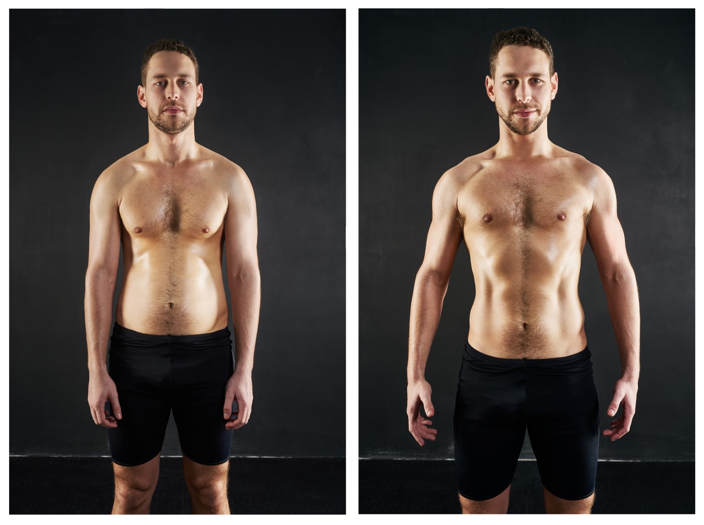 Before and after. Before and after shot of a shirtless young man