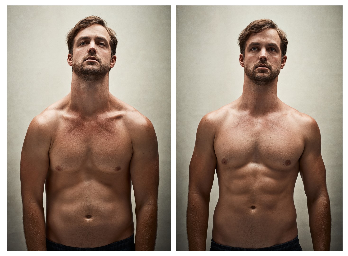 Rebuilding his body. Before and after studio shot of a shirtless